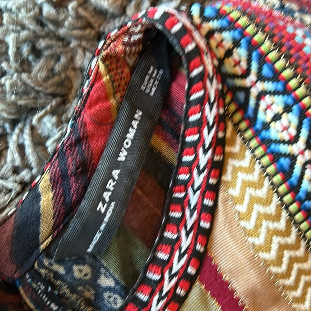 Zara Multicolor Pom Pom Trim Tiered Boho Maxi Dress Size Medium - Picture 11 of 16